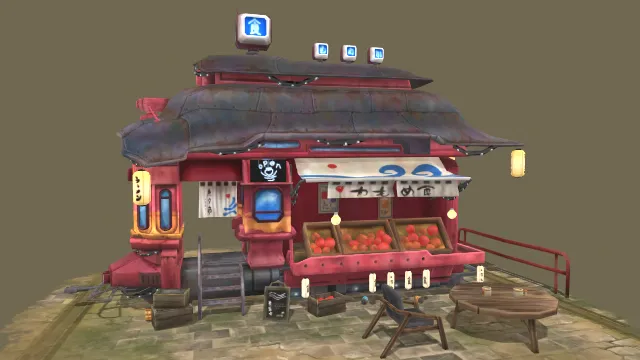 风格化夜市摊位建筑房屋房车场景桌椅