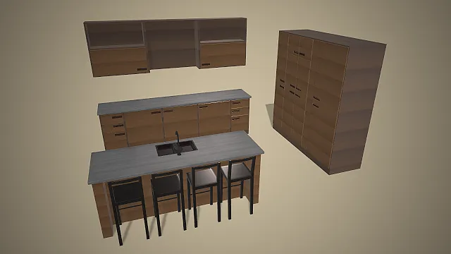 深木色橱柜  中岛吧台  现代简约风  餐厨一体