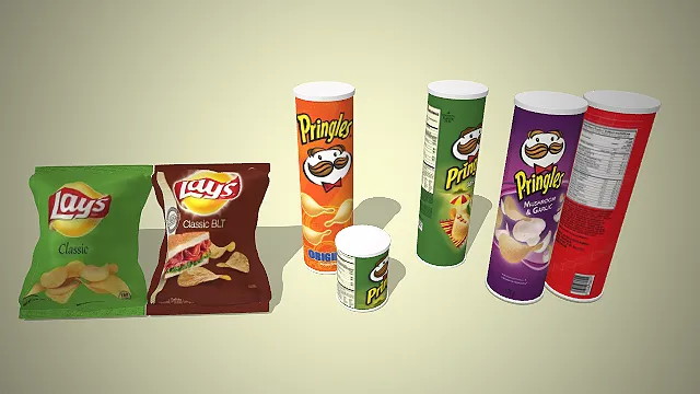 一组经典薯片零食的3D模型，休闲膨化食品组合
