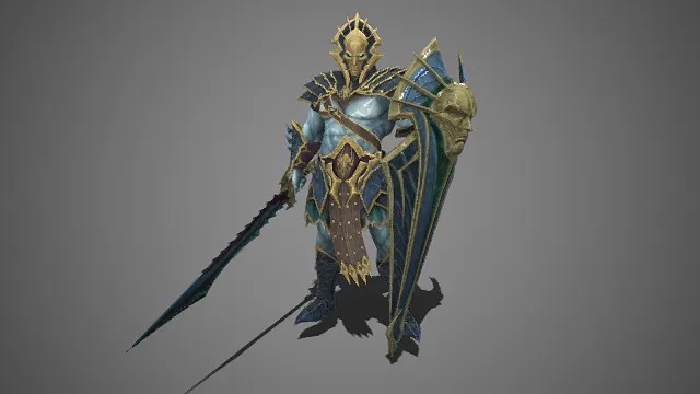 暗黑  魔幻风格   3D 战士角色模型  金色头盔  神秘符号  盾牌  长剑  次世代