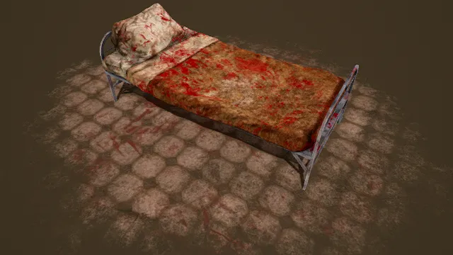 3D卡通风格棕红灰系恐怖风床铺模型，创意设计（3D床铺、卡通风格、卡通恐怖风，床铺设计主题）