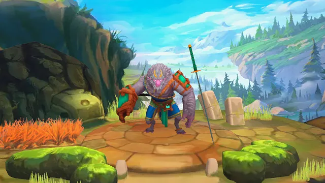 3D卡通风格紫绿蓝橙系奇幻战士场景模型，创意设计（3D场景、卡通风格、奇幻冒险风，角色设计主题）