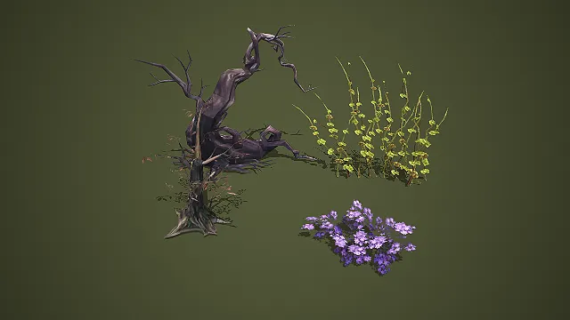 暗黑枯树藤蔓与紫花植物低模素材包