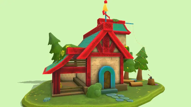 卡通风格化的圣诞房子建筑场景树林