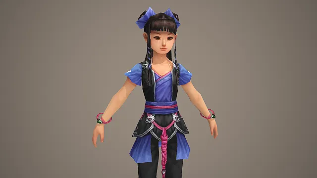 蓝黑短打古风少女游戏角色模型