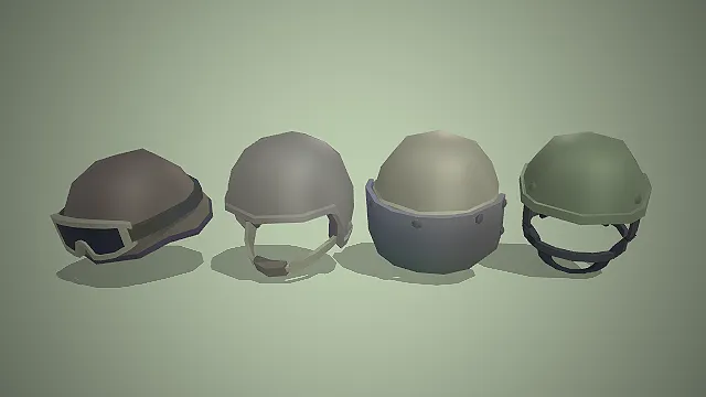 低模风格的四款不同样式的3D军用战术头盔模型