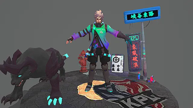 峡谷主题潮玩：渐变霓虹装+暗影灵宠模型