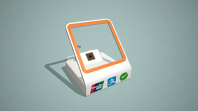 写实风格橙框摄像头式扫码支付盒 3D 商用收银道具模型