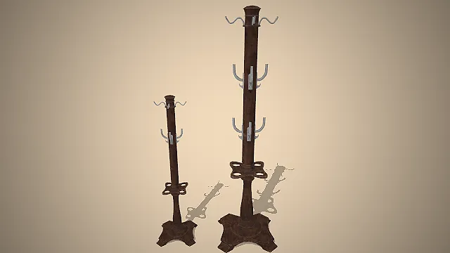 一组高低两种尺寸的，深棕色的写实风格实木落地衣帽架