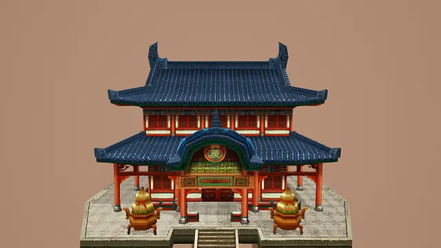 3D卡通风格中式双层药铺建筑模型，创意设计（3D建筑、卡通风格、华丽古朴，文化主题，物品元素）