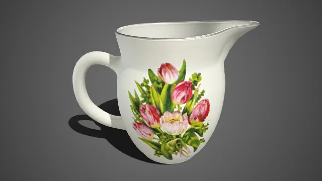 白色瓷质奶壶  圆润  色彩鲜艳  郁金香花卉图案  清新雅致  茶具  