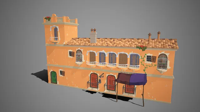 低多边形  三层联排建筑  临街宅院  三色门窗  铁艺阳台  街区建筑