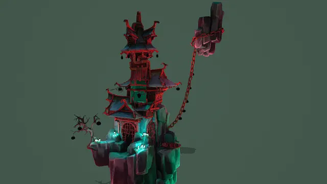 3D奇幻风格悬浮中式古建模型，创意设计（3D古建、奇幻风格、神秘魔幻，东方奇幻主题，场景元素）