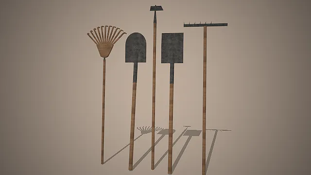 中式农具组  木柄铁具  农耕工具  草耙