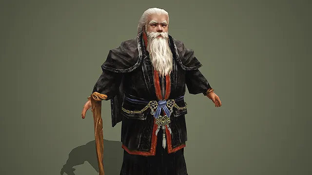 持龙头拐杖的白须古风老者游戏角色模型