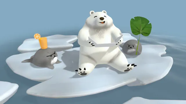 卡通风格化北极熊海豹日光浴场景