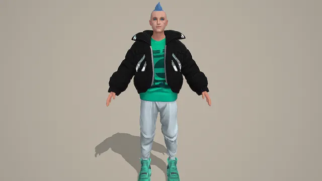 3D卡通风格潮流时尚男性人物角色模型，创意设计（3D角色、卡通风格、潮流时尚风，角色设计主题）