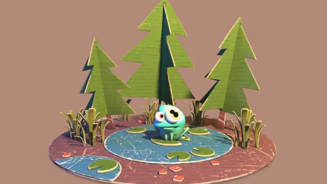 风格化纸板样式的青蛙池塘树木植物场景