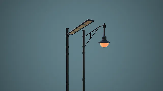 双立柱带遮阳棚的复古风格球形路灯模型