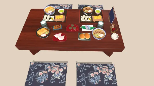 饭店的一桌食物四个坐垫