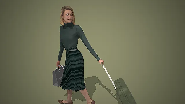 墨绿套装女性拖行李箱购物行走动态 3D 模型