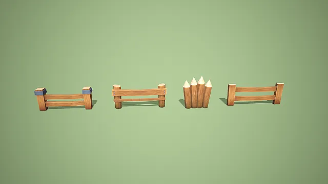 卡通风格金属包角与长短杆双款式木栅栏 3D 低多边形场景装饰模型