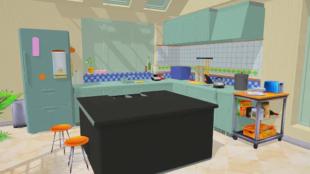   3D卡通风格绿黑橙蓝白系现代厨房场景模型，创意设计（3D场景、卡通风格、卡通现代风，场景设计主题）