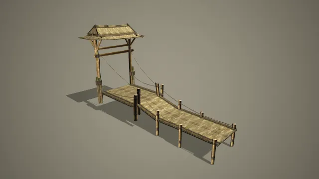 写实风格古风带顶木栈道 3D 野外场景道具模型