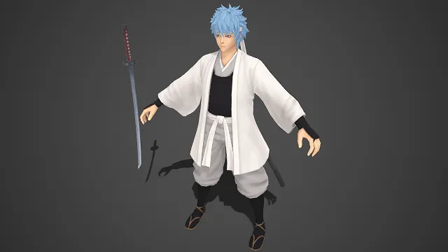 动漫角色 3D角色建模 日式装束  剑客形象  白黑配色  和风  蓝发武士