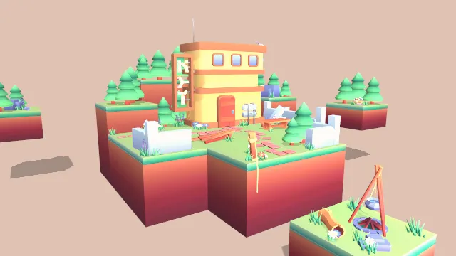 漂浮小岛建筑房屋场景植物篝火