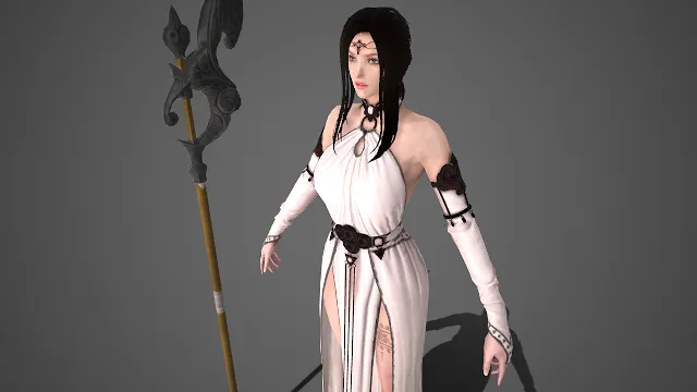 女祭司  圣洁柔美  露肩设计  黑发  优雅  暗纹装饰  圣洁元素  