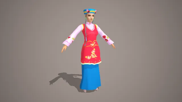 撒拉族红底花卉刺绣传统服饰女性角色 3D 模型