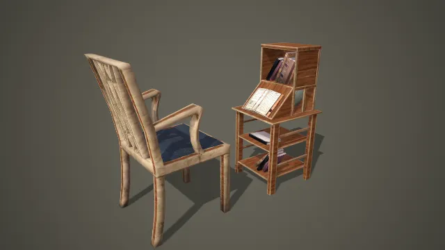 做旧木质扶手椅配多层古籍书架组合写实家具 3D 模型