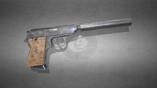 瓦尔特P38  消音器  军用手枪  银色手枪  木质握把