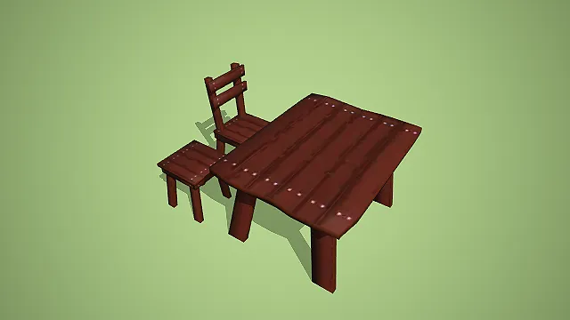 卡通风格做旧铆钉木桌椅组合 3D 低多边形场景装饰模型
