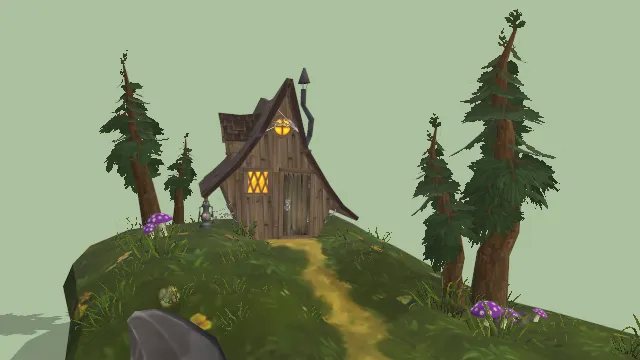 山坡的木屋建筑树木植物场景