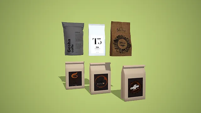 卡通风格咖啡茶面包多品类包装袋组合 3D 低多边形场景装饰模型