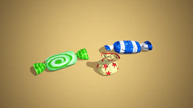 卡通风格三款不同包装糖果组合 3D 低多边形场景装饰模型.glb