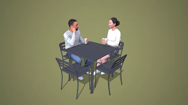 双人咖啡桌椅互动组合 3D 低多边形休闲场景装饰模型