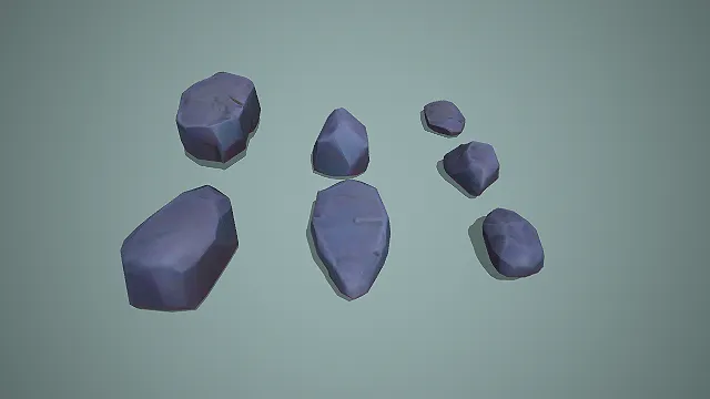 卡通风格低多边形岩石石块 3D 模型套装 蓝灰色做旧款