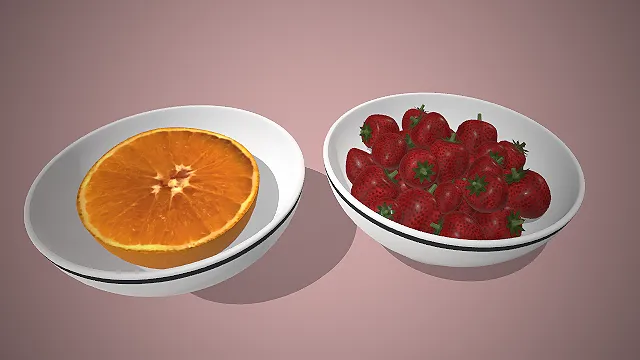 一个写实风格的装满草莓和橘子的3D水果摆盘模型