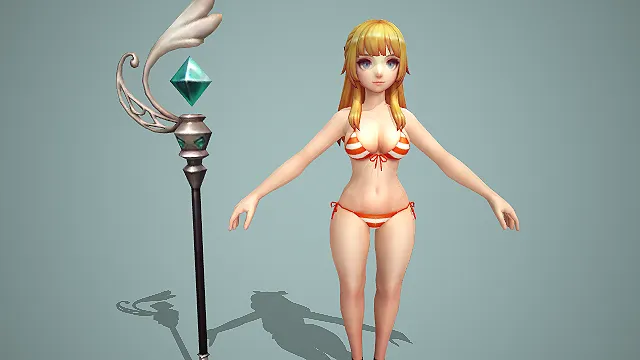 卡通写实风橙白条纹比基尼少女法师带绿晶法杖 3D 游戏角色模型