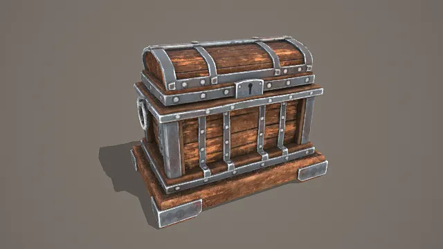 3D卡通风格棕银系复古宝箱模型，创意设计（3D宝箱、卡通风格、复古冒险风，道具设计主题）