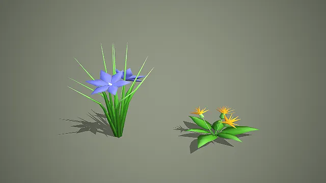 卡通风格低模双色花草植物 3D 模型套装 游戏场景装饰款