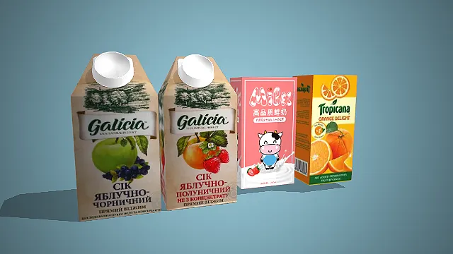 Galicia 果汁与高品质鲜奶、Tropicana 橙汁包装 3D 模型
