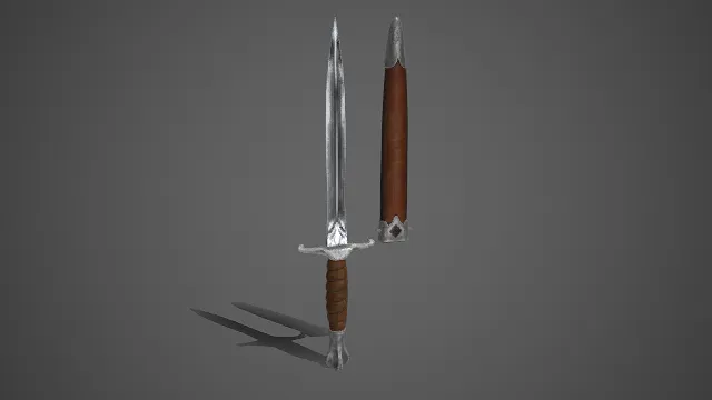 复古风格  长剑含剑鞘  亮银色金属  雕花纹理  棕褐色皮质材料  装饰美感  古典兵器