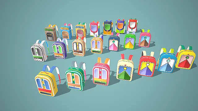 卡通多款式撞色双肩书包 3D 模型合集 游戏道具资产包