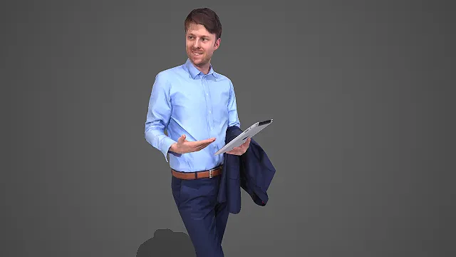 浅蓝衬衫配蓝裤男性持平板搭西装轻职场人物 3D 模型