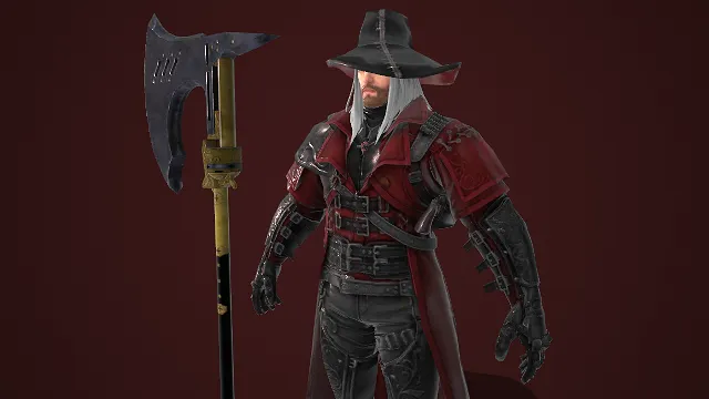 战士角色模型  银白长发  暗红风衣  宽檐黑帽  神秘感  巨斧  暗黑华丽