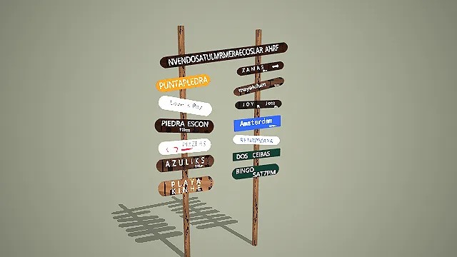 双立柱多色复古木质地名方向指示牌组合模型